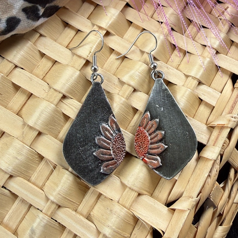 Sunflower Accent Drop Earrings - Silver with Copper Detail